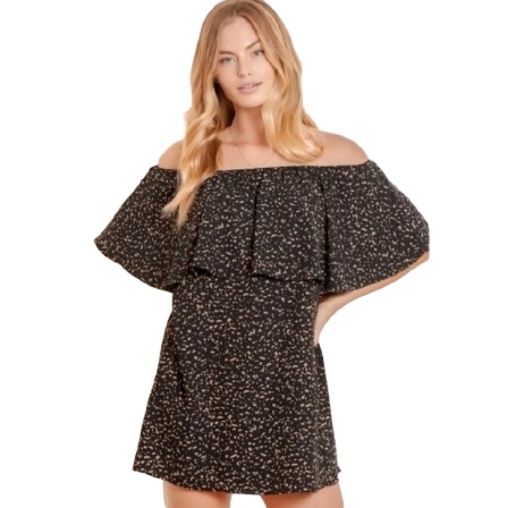 NWT Lulu's Black/Tan Print ON/OFF Shoulder Flowy Mini Dress Size L Feminine Cute